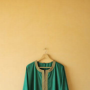 Traditional green kaftan with gold embroidery hanging on wooden hanger