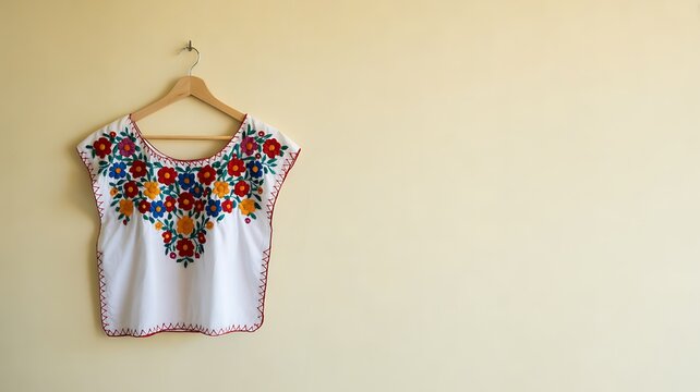 Traditional Mexican embroidered white blouse hanging on a wooden clothes hanger against a plain wall
