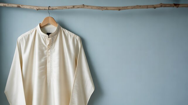 Traditional offwhite cream colored silk kurta shirt hanging on wooden hanger against a blue background