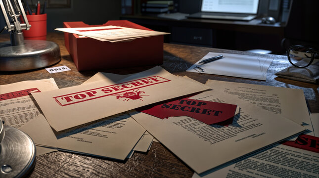 Confidential government files and top secret documents scattered on wooden office desk under desk lamp light.