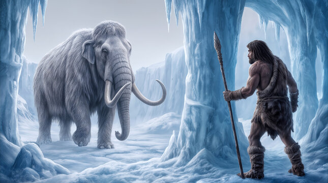 Prehistoric hunter holding primitive spear confronting giant woolly mammoth in frozen ice cave during Pleistocene epoch.