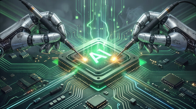 Robotic arms soldering advanced artificial intelligence microprocessor on green printed circuit board.