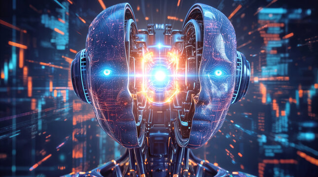 Humanoid robot head splitting open to reveal glowing central core against abstract digital data background.