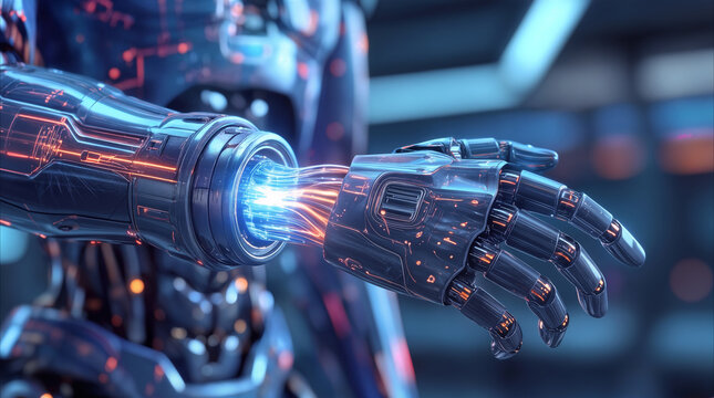 Bionic robotic hand assembling with glowing blue and orange optical fibers. Advanced cybernetic limb development for prosthetic engineering and automation technology.