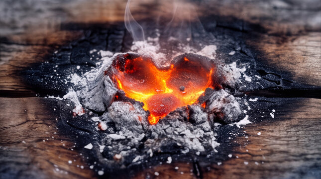 Burning heart shaped coal glowing with molten magma and embers on charred wooden surface