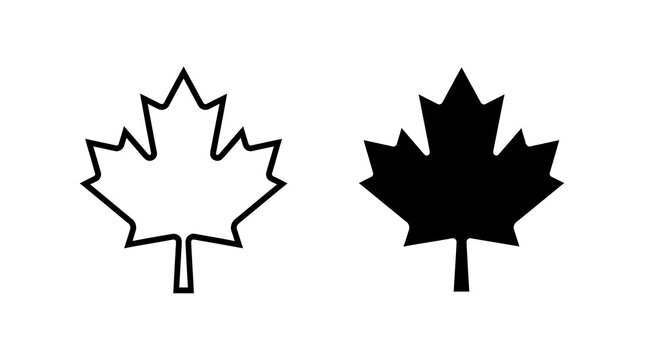 Maple leaf line outline and solid silhouette vector icon set isolated on white background