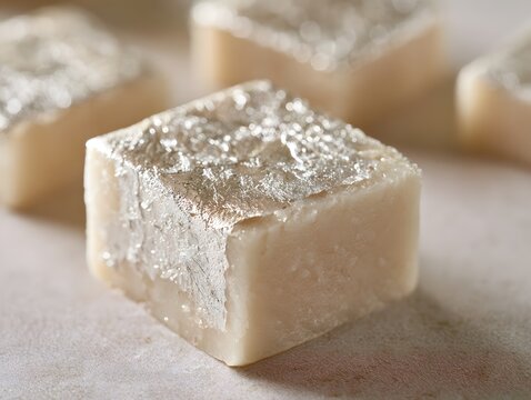 Kaju katli indian sweet diamond shaped fudge with silver foil