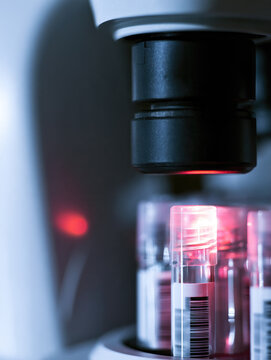 Microscope objective lens test tube barcode laboratory red light clinical analysis