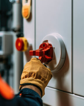Fire damper maintenance test with gloved hand adjusting actuator lever inside industrial plant room, close up mechanical safety inspection with clean background and copy space above