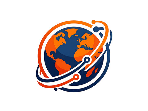 Abstract globe icon featuring orange continents and dark blue oceans surrounded by stylized orbital rings with circular connection nodes for technology