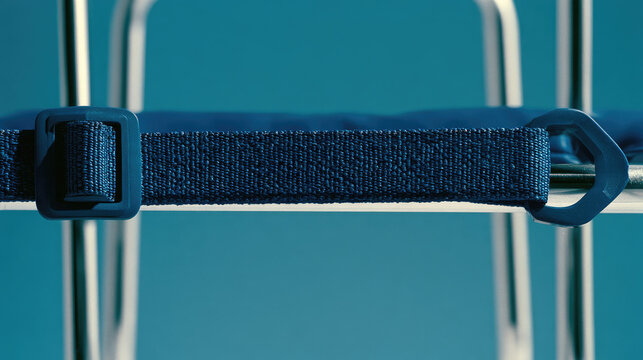 Gurney restraint strap with textured nylon webbing and safety buckle on metallic frame, captured in cool blue light with strong negative space and clinical minimalism