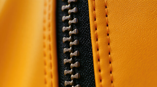 Orange leather zipper macro closeup with black textile tape, metal teeth, stitched seam, and detailed texture in warm light with negative space