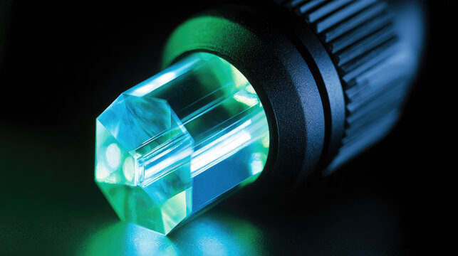 Optical sensor with quartz flow cell prism and channel reflection under cool bright illumination, captured in macro view against dark background with generous negative space