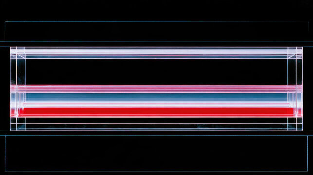 Abstract glass light installation with colorful horizontal reflection and luminous line against black background, creating futuristic geometric composition with open negative space