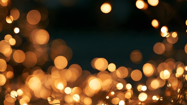 Fuzzy gold fairy lights border frame on dark background