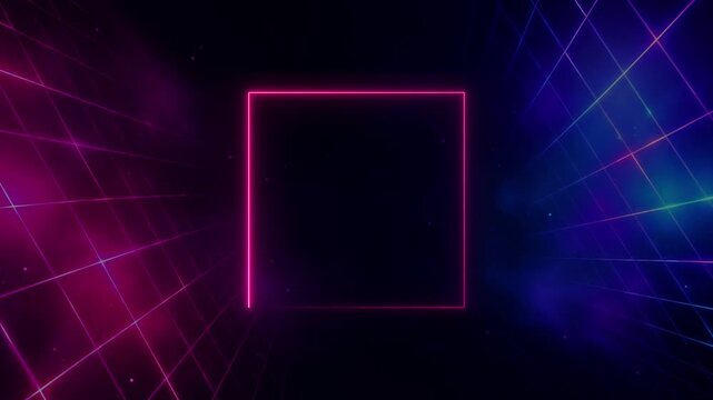 Glowing pink neon square frame animation with empty center on dark blue and purple futuristic laser grid background for text presentation and digital motion graphics