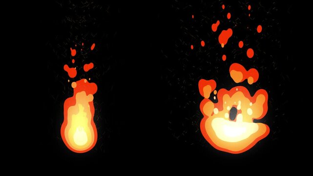 Cartoon Red and Blue Fire Effects Set 2D Animation for Motion Graphics Design with an black background