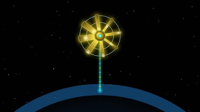 A futuristic space station with large solar panels connected to a planet via a glowing tether