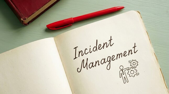 Incident management concept written in an open notebook with a red pen resting on the page top down view