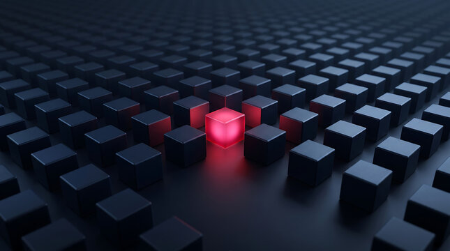 Glowing red cube standing out among dark grey blocks in a grid pattern