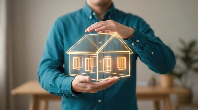Man holding a glowing house shaped lantern representing new home ownership and the dream of a comfortable future