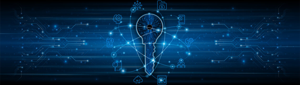 Digital key on a futuristic circuit board background. Symbolizes cybersecurity, data encryption, and advanced network protection systems.