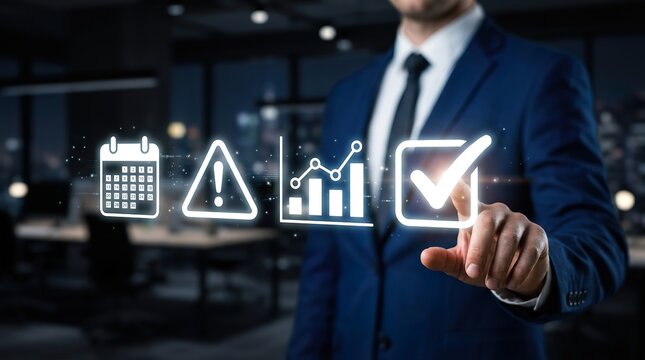 Business professional interacting with glowing digital icons representing planning risk analysis and successful completion of tasks in a modern office