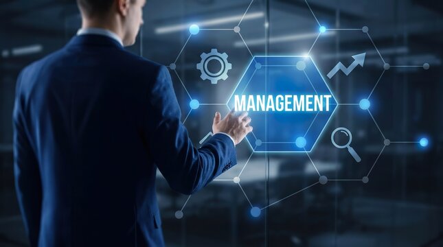 A skilled business professional is actively using a cutting edge digital interface that prominently features the word management in a contemporary office