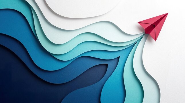 Abstract paper cut waves in shades of blue with a vibrant red origami boat sailing forward representing progress