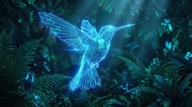 A vibrant digital hummingbird constructed from glowing blue code floats among lush tropical foliage in a dark forest