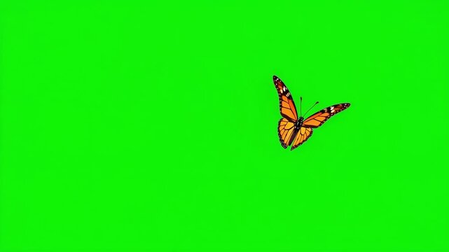Orange and black monarch butterfly flying with spread wings against bright green screen background, isolated butterfly with detailed wing patterns for chroma key compositing and nature effects