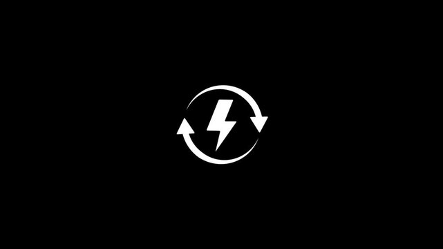 Lightning bolt with circular arrow refresh icon animation on black background. Lightning bolt loading rotating circular arrows for sustainable power, electricity, energy power, eco-friendly concepts