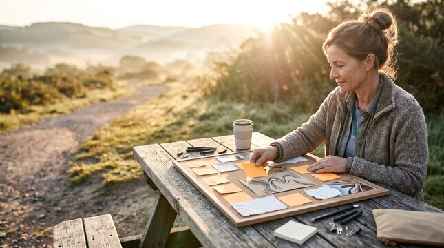 Woman planning creative project outdoors at sunrise with mood board and coffee