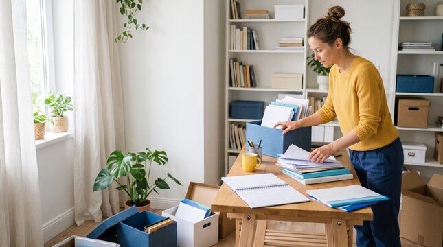 Woman organizing papers and files in blue storage boxes at a wooden desk in a bright room