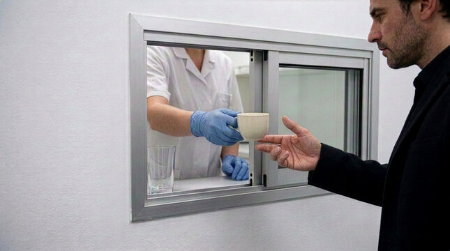 A healthcare worker in a white uniform and blue gloves passes a medicine cup to a male patient through a service window, conceptualizing pharmaceutical dispensing or clinical care.