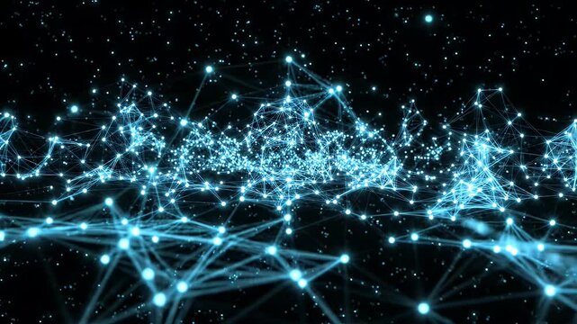 Connecting Dots Constellation Network on Black Background - A glowing digital network of connecting dots and lines creates a complex constellation pattern across a dark background.