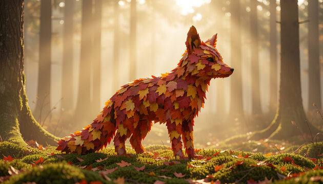 Fox sculpture made of autumn leaves on mossy forest floor in morning mist