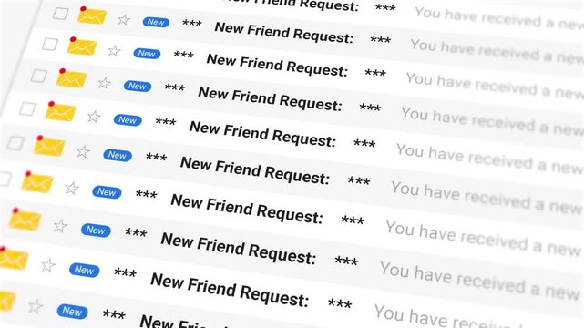 New friend request emails notification concept. Closeup of scrolling emails list on display screen. Social media alerts, messages inbox, online communication and engagement. 4k video animation