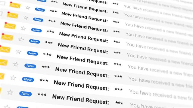 New friend request emails notification concept. Closeup of scrolling emails list on display screen. Social media alerts, messages inbox, online communication and engagement. 4k video animation