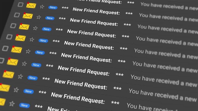 New friend request emails notification concept. Scrolling emails list on display screen. Social media alerts, messages inbox, online communication and engagement. 4k video animation