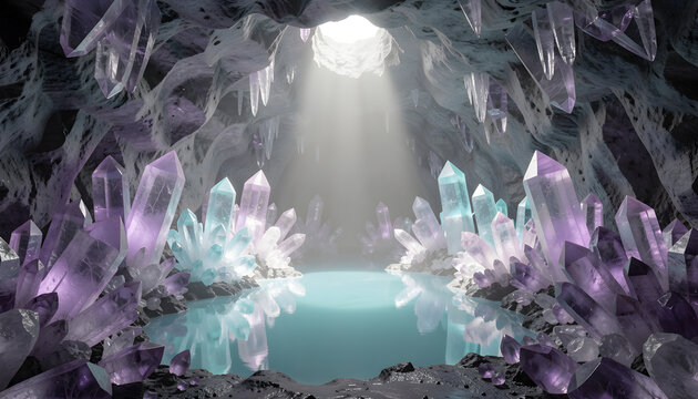 Underground crystal cave with amethyst formations and glowing turquoise pool