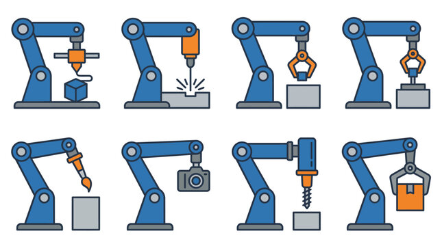 An engaging illustration of various robotic arms performing different tasks, representing innovation and automation in technology and manufacturing industries.