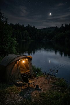 Fishing rods rest on a bank beside a lit tent, facing a lake bordered by trees beneath a crescent moon in the night sky