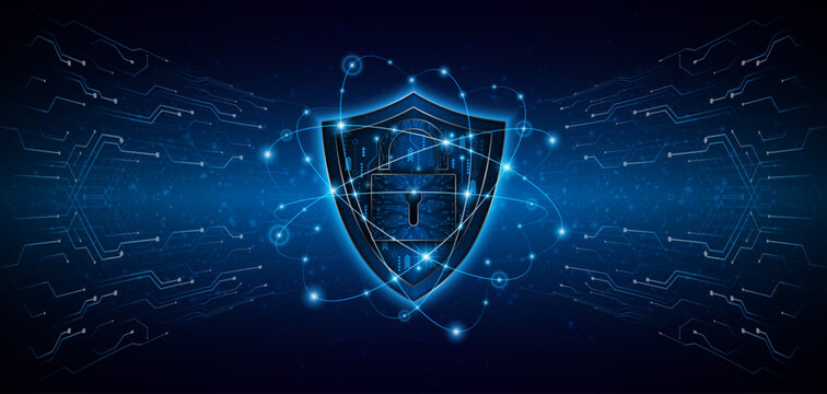 Futuristic blue shield with digital padlock and circuit patterns, representing advanced data protection, network privacy, and global cloud security technology.