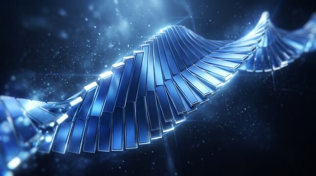 Futuristic DNA strand illustration, glowing blue genetic code structure, modern biotechnology medical background, science research concept