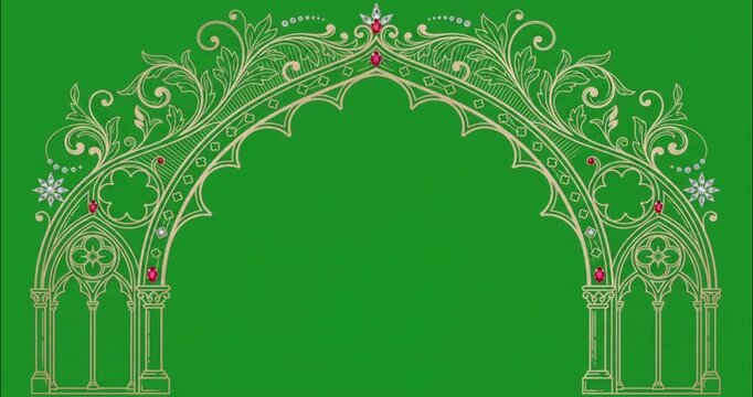 Glowing neon line art animation of ornate gothic architectural arch frame on green screen   
