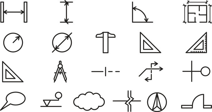 Architectural Blueprint Drafting Symbols and Measurement Tools Icon Set with Dimension Arrows, Floor Plan, T-Square, Triangle Rulers, Compass, Revision Cloud, and North Arrow Line Vector