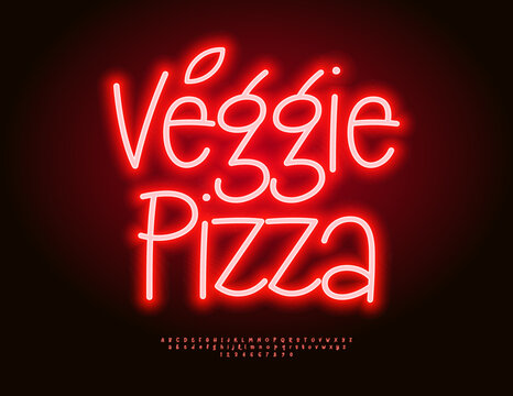 Vector Neon Promotion Vegan Pizza for Cafe, Diner and Restaurant. Red Glowing Font. Led Light set of Funny Alphabet Letters and Numbers.