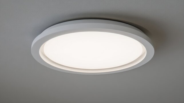 A modern, round, recessed ceiling light fixture emitting soft, diffused white light against a neutral gray ceiling.