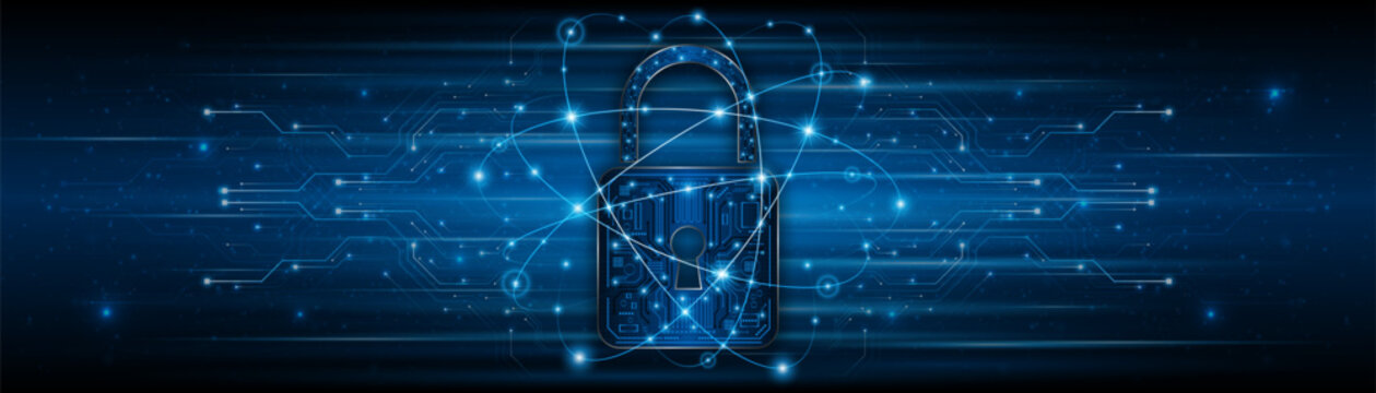 Digital cyber security concept with glowing blue padlock on circuit board background. Global network data protection and privacy technology